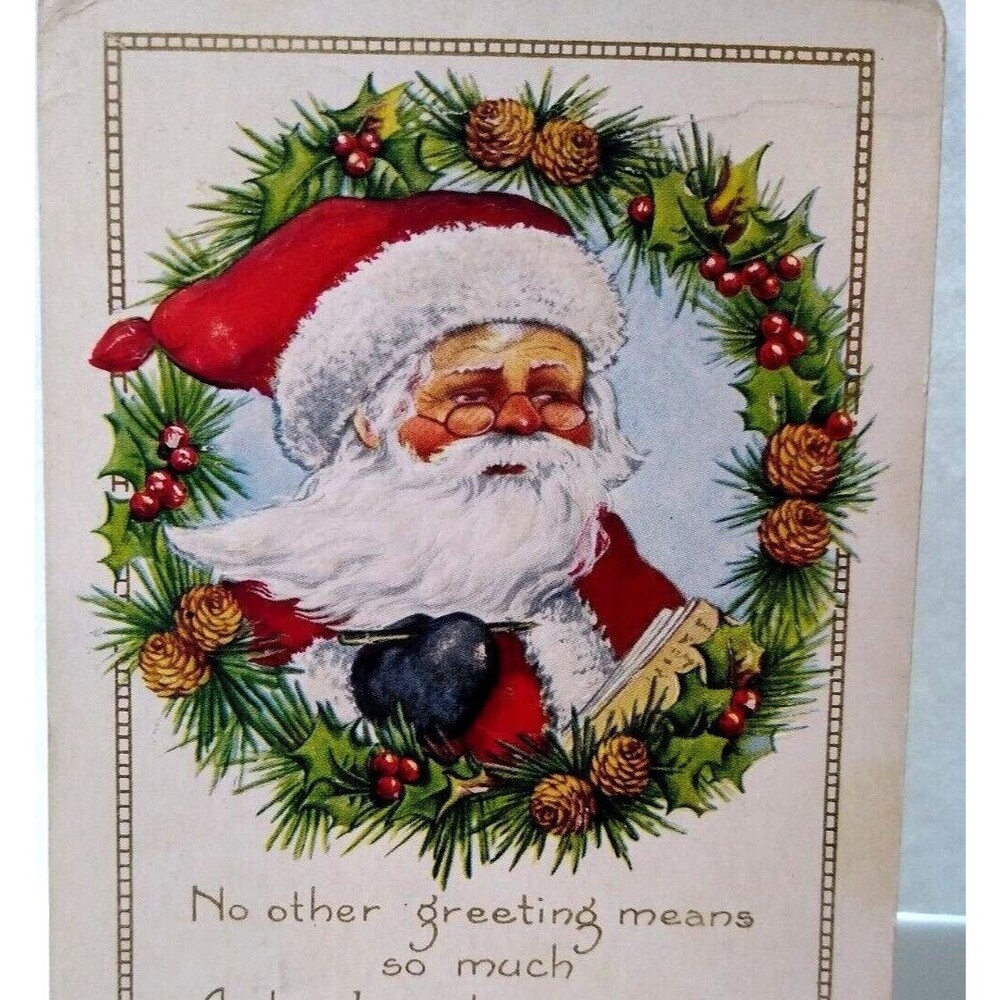 Christmas Postcard Santa Claus Behind Decorated Wreath 1923 Whitney Vintage